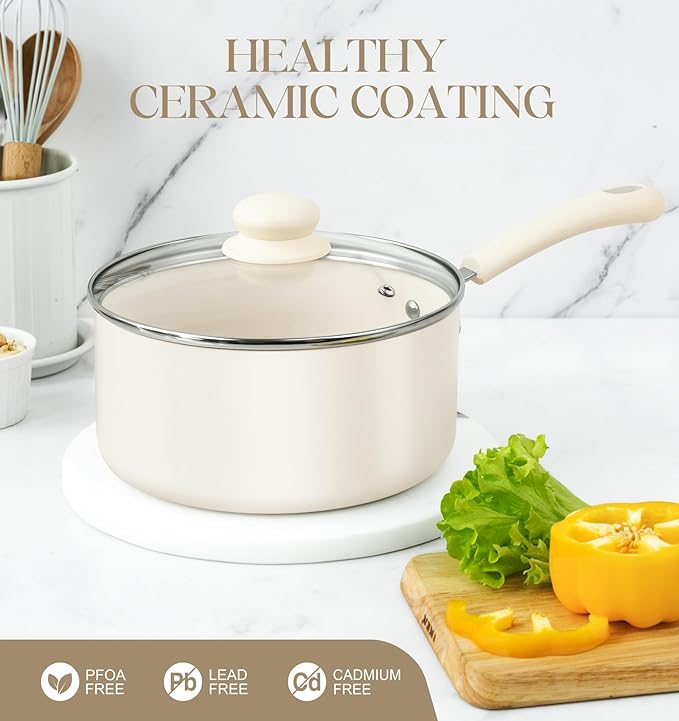 MICHELANGELO Nonstick Saucepan with Lid, Ceramic Sauce Pan Sets, Easy to Clean Sauce Pans, Multi-Purpose Cooking Pots, 1QT, White