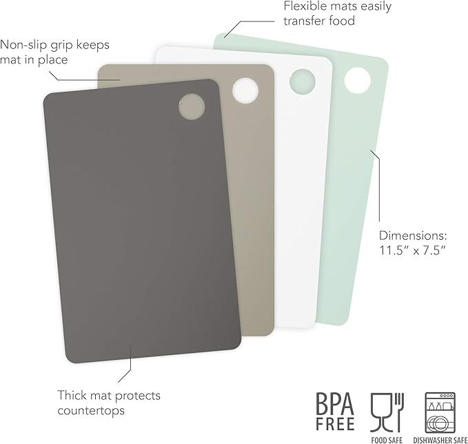 Tovolo Small Flexible Cutting Mats Set of 4 Chopping Boards for Meal Prep Cut Slice Dice Fruits Veggies & Meats, Easy Clean Dishwasher Safe Small Nylon Cutting Board Kitchen Mat Set, 11.5" L X 7.5" W