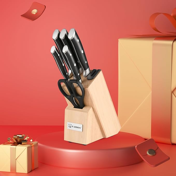8 Piece German Stainless Steel Knife Set With Block, Ergonomic Handle Chef Knives, Sharpener and Shears for Chopping, Slicing and Cutting