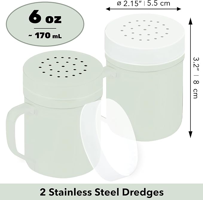 CUSINIUM 6oz Sage Stainless Steel Salt Pepper Dredge Shakers - With Plastic Cap - With Handle - Pack of 2