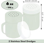 CUSINIUM 6oz Sage Stainless Steel Salt Pepper Dredge Shakers - With Plastic Cap - With Handle - Pack of 2