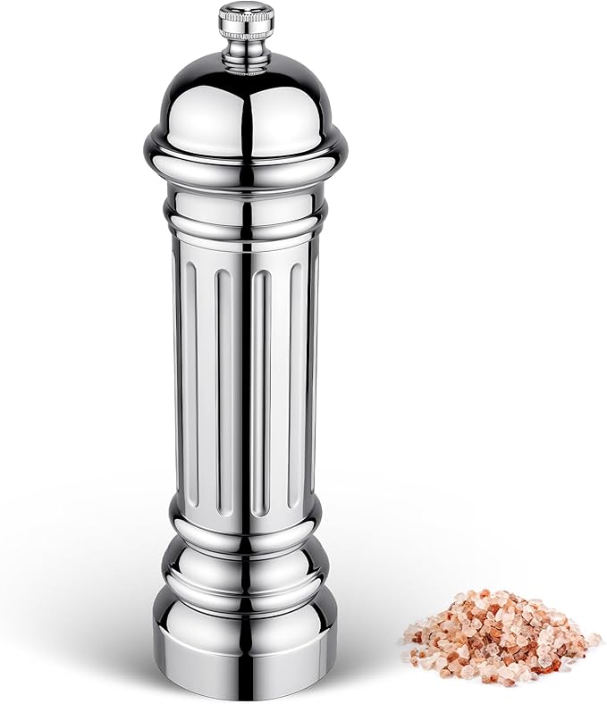 Metal Salt Grinder, Heavy Duty High Output Salt Mill with Adjustable Coarseness, 316L Stainless Steel, Refillable (Silver)