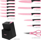 hecef 13 Pieces Kitchen Knife Set with Built-in Sharpening Wooden Block, Dishwasher Safe, High Carbon Stainless Steel Knife Block Set with Steak Knives, Kitchen Scissors, Pink