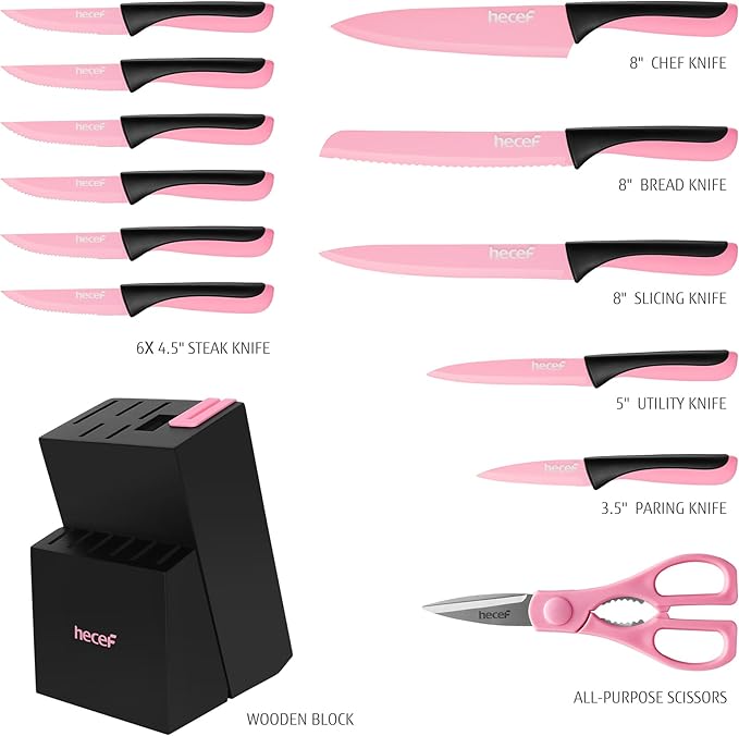 hecef 13 Pieces Kitchen Knife Set with Built-in Sharpening Wooden Block, Dishwasher Safe, High Carbon Stainless Steel Knife Block Set with Steak Knives, Kitchen Scissors, Pink