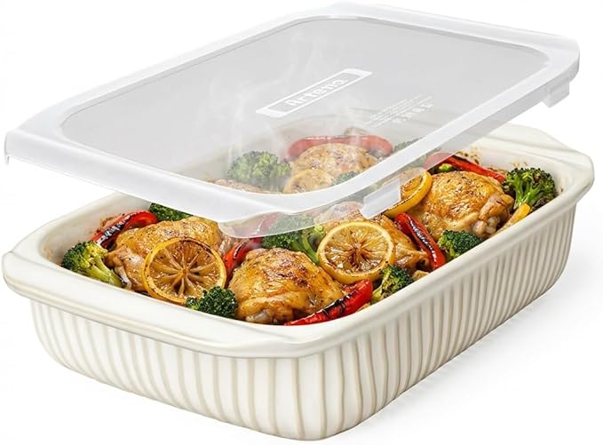 Artena Baking Dish 5.1 Quarts, Casserole Dishes For Oven, Baking Pan With Handles, Lasagna Pan Deep, Large Casserole Dish, Rectangular White Ceramic Bakeware (Baking Dish With Lids)