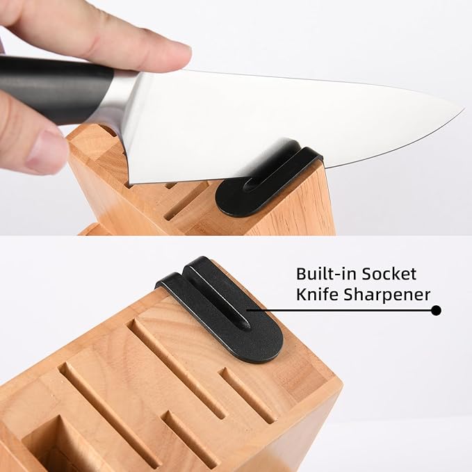 15-Piece Kitchen Knife Set with Block, ABS Ergonomic Handle for Chef Knife Set and Serrated Steak Knives Knife Sharpener and Kitchen Shears, Dishwasher Safe, Natural Block