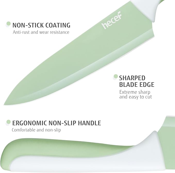 hecef 15 Pieces Kitchen Knife Set with Built-in Sharpening Wooden Block, Dishwasher Safe, High Carbon Stainless Steel Knife Block Set with Steak Knives, Kitchen Scissors, Green