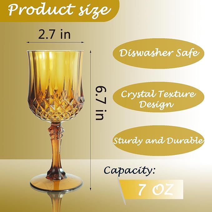 Plastic Wine Glasses, Plastic Goblets Vintage Style Cordial Unbreakable Drinking Glasses, Reusable Drinkware for Wedding Reception, Grand Event Party Supplies (100, Amber)