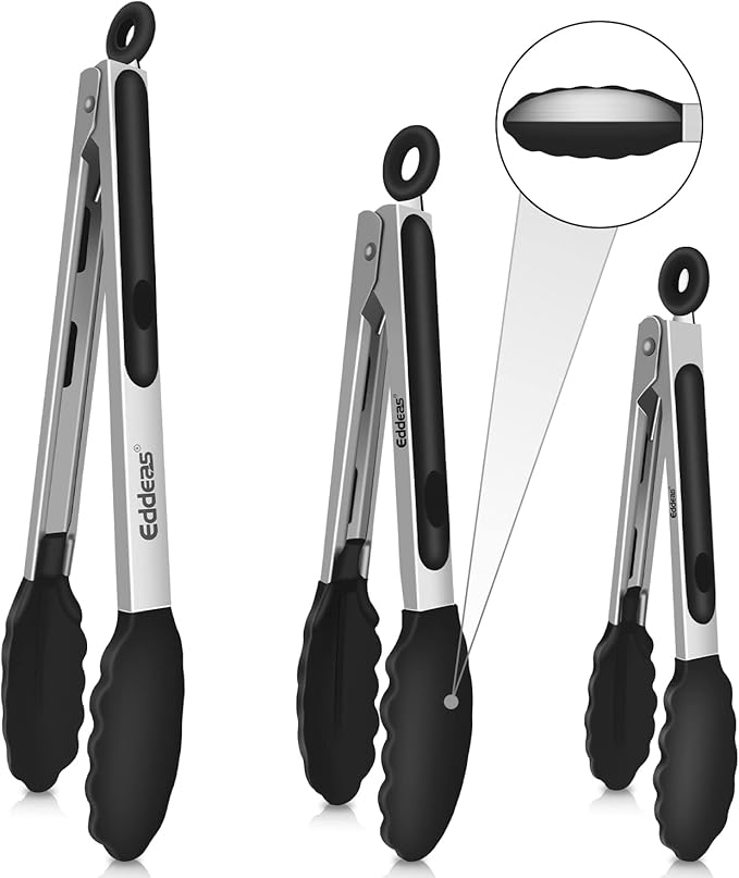 Eddeas Kitchen Tongs with Silicone Tips, Tongs for Cooking Heat Resistant 600 Degrees Stainless Steel Locking Tong - 7" 9" & 12 inch Silicone Tong Non-Stick, Black Set of 3