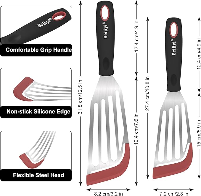 Beijiyi Fish Spatula Turner Set of 2, Heat Resistant Silicone Edge Slotted Fish Spatulas for Nonstick Cookware, Flexible and Thin Stainless Steel Kitchen Cooking Spatula Flipper for Fish, Egg, Pancake