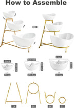 LAUCHUH 3 Tier Serving Stand Serving Dishes for Entertaining Porcelain Oval Bowl Set Tiered Serving Tray for Fruit, Vegetable, Nuts, Salad, Chip Dip Bowl Set for Easter, Mother's Day, Gold