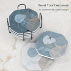 UMIRRO Ceramic Stone Coasters for Drinks Absorbent with Holder, Coastal Themed Design for Beach Lovers, Ocean Inspired Stoneware Cup Coasters for Wooden Coffee Table, 4", Octagonal, Blue, 6 Pack