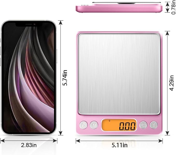 0.01g High Precision Kitchen Food Scale, Diyife 500g Portable Digital Scale with LCD Display, Tare, Multifunctional Gram Scale Weight for Cooking, Baking, Jewelry, 2 Tray, Batteries Included, Pink