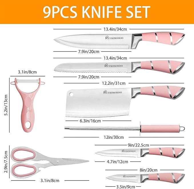 Kitchen Knife Set, Retrosohoo 9-Pieces Pink Sharp Non-Stick Coated Chef Knives Block Set,Stainless Steel Knife Set for Kitchen with Sharpener for Cutting Slicing Dicing Chopping (Pink)