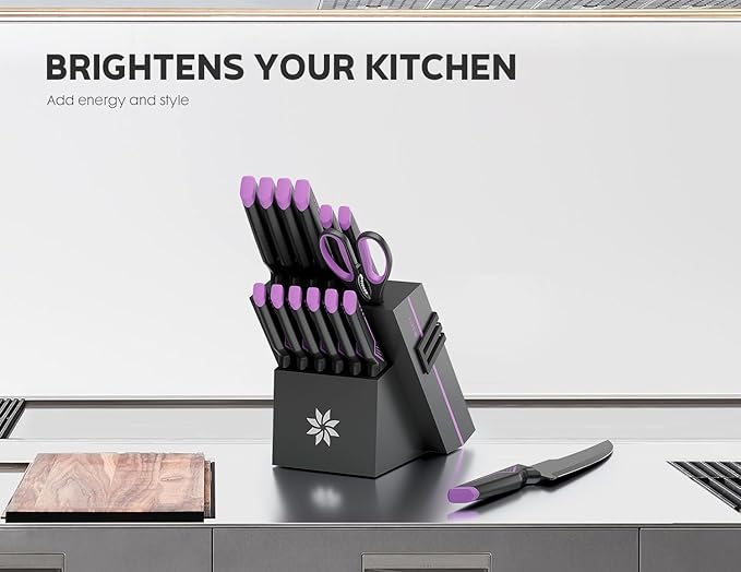 Knife Set - 15 PCS Kitchen Knife Set with Built-in Knife Sharpener Block - Stainless Steel Knife Block Set - Dishwasher Safe, Elegant Box for Men Women