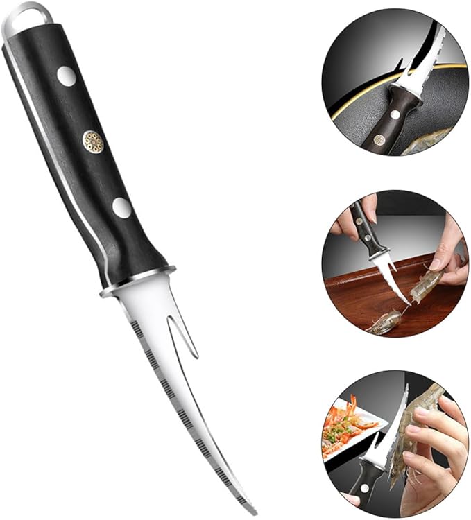 SHINEOFI Shrimp Line Cutter and Peeler with Wood Handle, Seafood Cleaning Tool for Deveining and Shelling Shrimp, Compact Specialty Kitchen Gadget for Home Cooking and Seafood Preparation