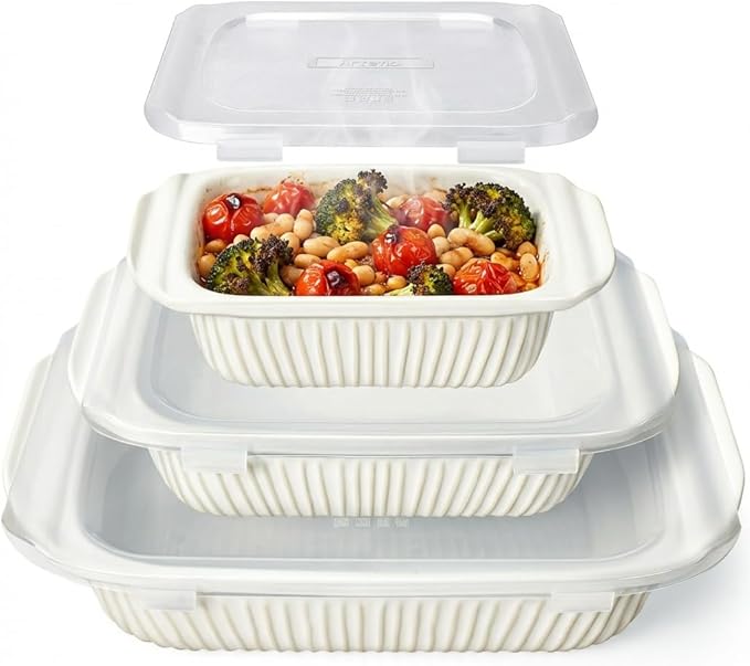 Artena Casserole Dishes For Oven, Ceramic Baking Dish, Large Lasagna Pan With Handles, Baking Pan Casserole Dish, Rectangular Bakeware Deep, White, Set Of 3 (5.1Qt/2.3Qt/1.1Qt) (Baking Dish With Lids)