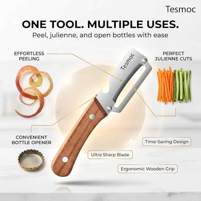 Multifunctional Fruit and Vegetable Peeler,Premium Stainless Steel Blade,Wooden Handle Hand Tool with Bottle Opener,Julienne Peeler for Potato,Cucumber,Orange,Pineapple,Veggie (4)