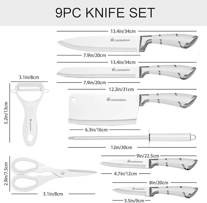 Kitchen Knife Set, Retrosohoo 9-Piece White Sharp Non-Stick Coated Chef Knives Block Set,Stainless Steel Knife Set for Kitchen with Sharpener for Cutting Slicing Dicing Chopping (White)