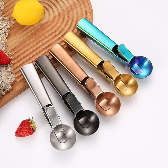 Ice Cream Scoop, 2Pcs Stainless Steel Rose Gold Cookie Scoop with Trigger Melon Baller Scooper Cones, Specialty Tools and Gadgets, Ice Cream Spoon Food Scoop for Frozen Yogurt Sundaes Fruit Cookie