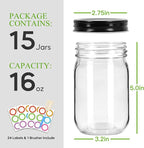 Glass Mason Jars with Black Lids 16 oz - 15 Pack Regular Mouth Canning Jars for Food Storage, Meal Prep, Overnight Oats, DIY Crafts - Includes 24 Stickers & Brush