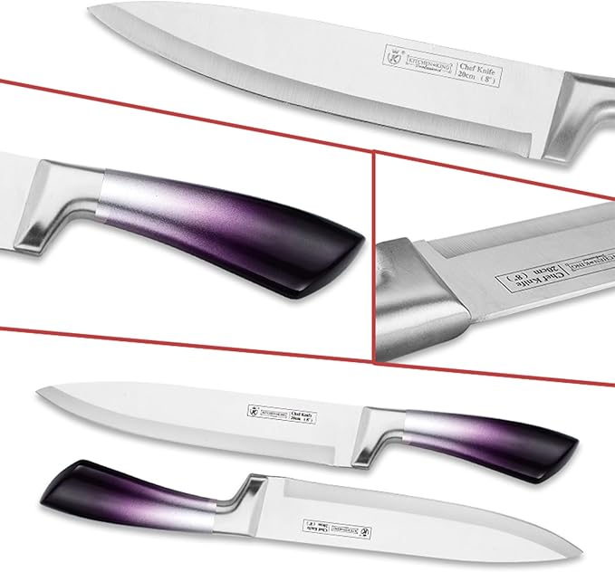 Purple Professional 9-Piece Kitchen Knife Set with Acrylic Block - Non Stick Sharp Stainless Steel Chef Knives with Sharpener,Gift for Home Kitchen Women
