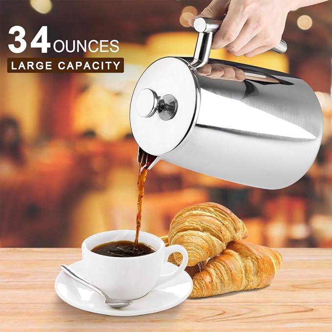 Secura French Press Coffee Maker, 34-Ounce, 304 Stainless Steel Insulated Coffee Press with Extra Screen