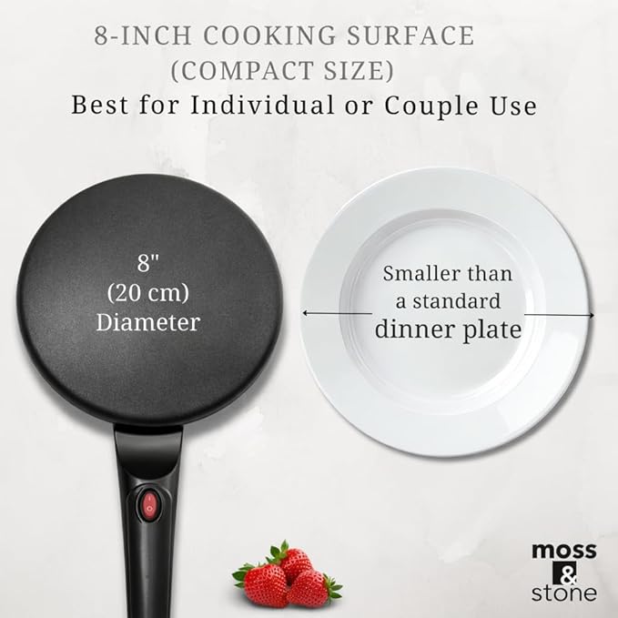 Moss & Stone Electric Crepe Maker – 8” Portable Crepe Pan Nonstick with Dipping Plate, Auto Shut-Off, On/Off Switch, Even Heating & One Automatic Temperature Control – Compact Crepe Maker