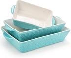 SOUJOY Ceramic Baking Dish Set of 3, Oven-to-Table and Non-Stick Rectangular Casserole Dishes with Sturdy Handles, Space-Saving Stack Lasagna Pan for Cooking, Serving, Roasting, Gifting, Turquoise