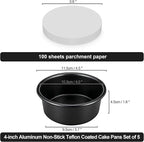 4 Inch Cake Pan Set of 5, Nonstick Cheesecake Round Cake Pans with 100 Pieces Parchment Paper, Mini Cake Tins for Baking, Non-Toxic & Leakproof Circle Cake Pan, Aluminum Material Food Grade Coating