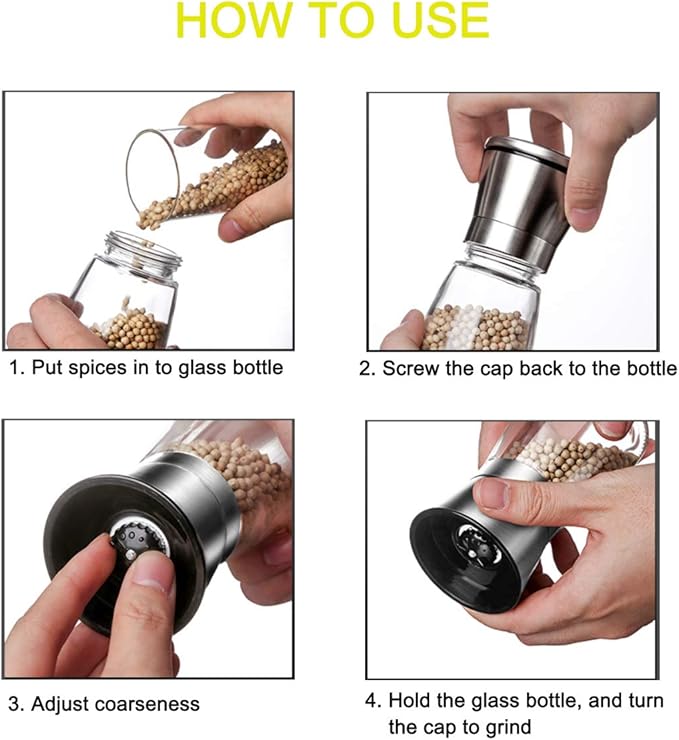 Pepper Grinder or Salt Grinder, Best Spice Mill with Ceramic Blades, Adjustable Coarseness, Brushed Stainless Steel Cap, and Refillable Tall Glass Body with 6OZ Capacity (7.5")