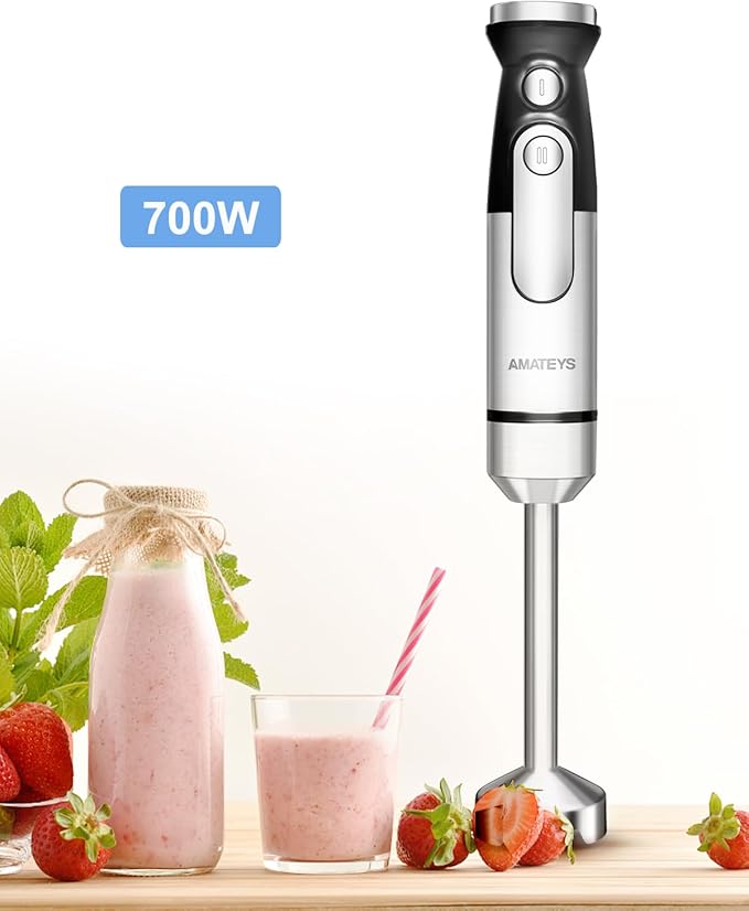 Amateys Immersion Blender Handheld,700W Hand Mixer Infinitely Variable Speeds,Multi-function Stainless Steel Stick Electric Kitchen Smoothie Blender with Detachable Whisk, Milk Frother,for Soup Puree