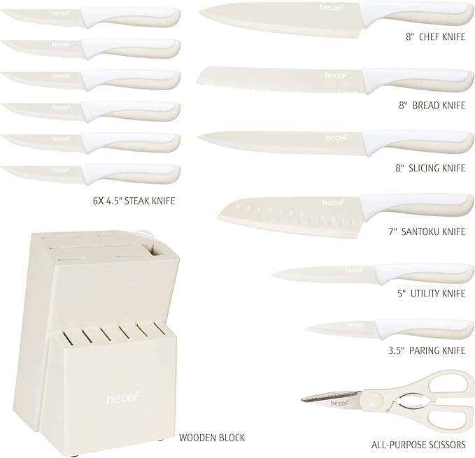 hecef 15 Pieces Kitchen Knife Set with Built-in Sharpening Wooden Block, Dishwasher Safe, High Carbon Stainless Steel Knife Block Set with Steak Knives, Kitchen Scissors, Cream White