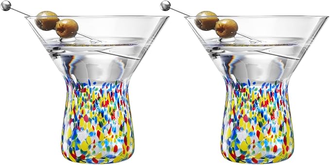 Large Stemless Martini Glasses – Set of 2-8oz Luxury Hand Blown Confetti Margarita, Martinis, Cocktails, Water, Wine, Dessert & Champagne Glasses Cinco de Mayo, Hand Blown - Mexican Confetti Glass