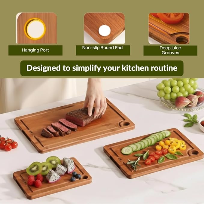 Bamboo Cutting Board for Kitchen, Wooden Cutting Board 3-Piece Set with Non-Slip Mat Deep Juice Groove, Wood Cutting Board for Meat Vegetables Fruit