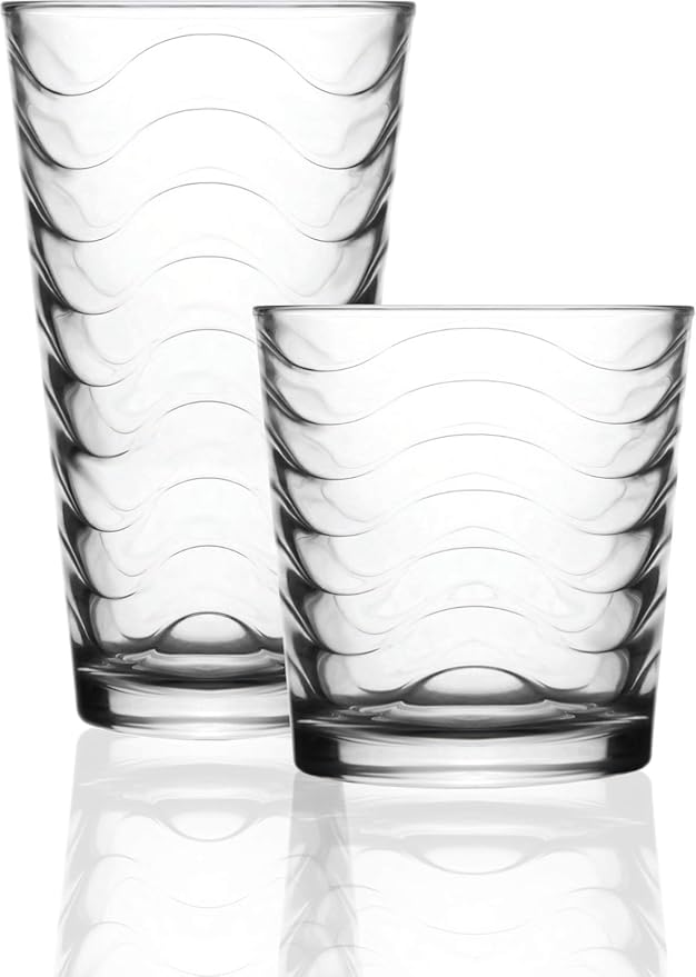 Circleware 12-Piece Set of Highball Tumbler Drinking Glasses and Whiskey Cups, Home & Kitchen Party Glassware for Water, Beer, Juice, Ice Tea, Bar Beverages, 6-15.75 oz & 6-12.5 oz, Pulse