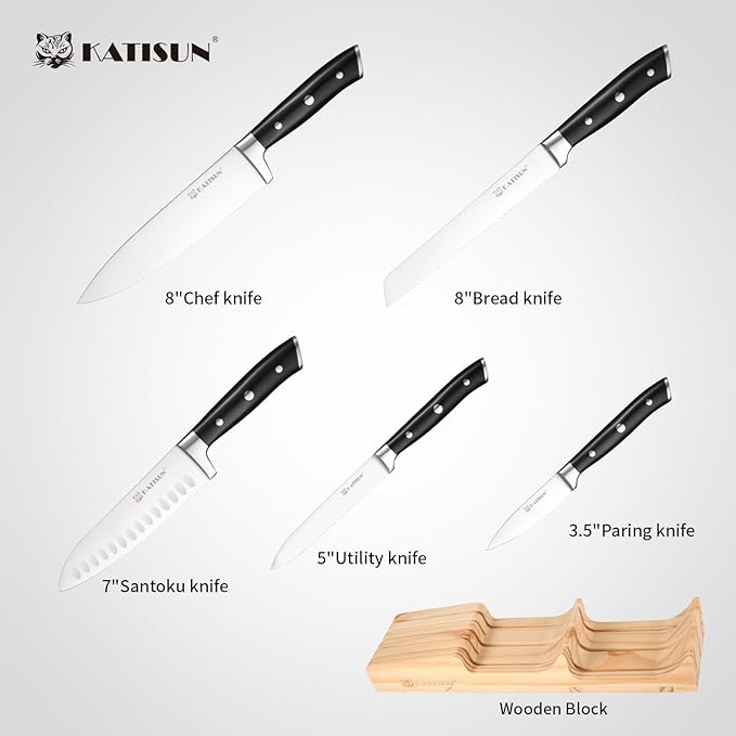 In-Drawer Knife Block with 5 Pieces Knives, Bamboo Knife Drawer Organizer for Kitchen, Perfect for Home and Chefs, Premium Knife Holder, Slots for 5 Knives Kitchen Drawer, Counter Top - Chef Gift Idea