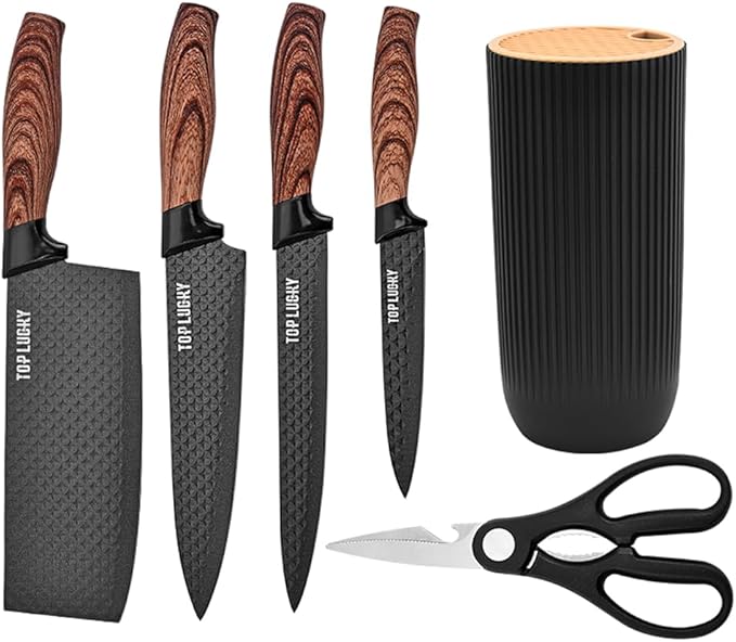 Knife Set, Wiztoynia 6-Piece Black Kitchen Knife Set for Home, Anti-Rust Non-stick Stainless Steel Sharp Chef Knife Set with Universal Knife Block for Kitchen, Ergonomical Design (Black)
