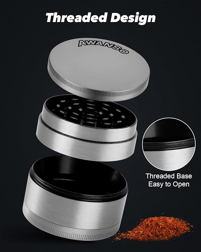 3" Grinder for Kitchen Spices, 3-Piece 4-Part Design, Screen-Free, Durable Zinc Alloy, Silver