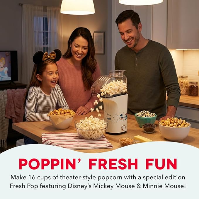 Disney DASH Fresh Pop Popcorn Maker - Oil-Free, Air Popcorn Popper - With Measuring Cup & Recipe Guide - Perfect for Movie Nights - 16 Cups, Mickey & Minnie Design