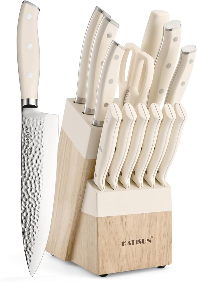 Kitchen Knife Set,14-Piece Knife Set With Block Wooden, Self Sharpening For Chef Knife Set, High Carbon German Stainless Steel Hammered Collection Knife Block Set, Dishwasher Safe Cutlery, Cream