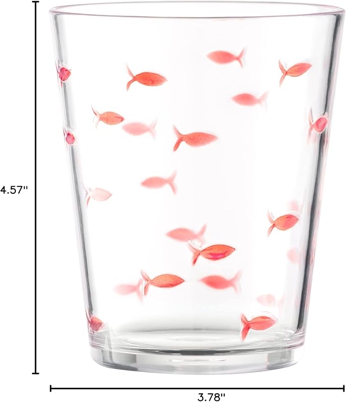 KLIFA- CHARLESTON- 16.5 oz, Set of 6, Acrylic Fishing Tumbler, School of Fish Drinking Glasses, BPA-Free, Stackable Plastic Drinkware, Dishwasher Safe Cups, Clear