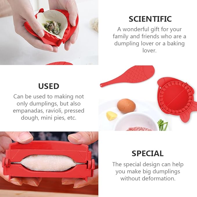 Mobestech Dumplings Maker Tools Set with 4 Red Plastic Dumpling Molds and Spoons Kitchen Gadget for Family Cooking