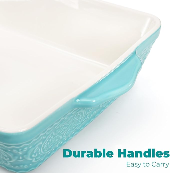 SOUJOY Ceramic Baking Dish Set of 3, Oven-to-Table and Non-Stick Rectangular Casserole Dishes with Sturdy Handles, Space-Saving Stack Lasagna Pan for Cooking, Serving, Roasting, Gifting, Turquoise