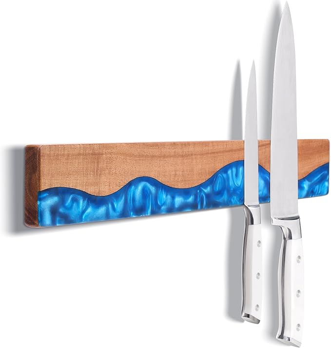 ENOKING 16 Inch Magnetic Knife Holder for Wall, Acacia Wood & Blue Resin Magnetic Knife Strip, Powerful No-Drill Adhesive or Screws Mount, Kitchen Knife Bar Storage Rack ("Ocean" Blue Resin)