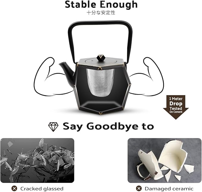 Toptier Cast Iron Teapot, Stovetop Safe Japanese Cast Iron Tea Kettle, Diamond Design Tea Pot with Removable Infuser for Loose Tea, 40 Ounce (1200 ml), Black