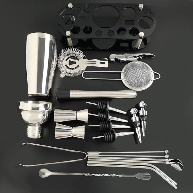 Cocktail Shaker Set, 24oz Cocktail Shaker 21-Piece Stainless Steel Bar Tools Bartending Kit with Black Acrylic Stand Cocktail Recipes Booklet for Drink Mixing, Home, Bar, Party (Stainless Steel)