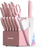 Astercook Knife Set, Kitchen Knives Set with Block and Sharpener 15 Pcs German Stainless Steel Knives Sharp Blade Dishwasher Safe Deba Knives with Ergonomic Handle, Crystal Pink