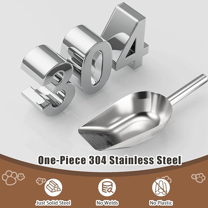 Pet cat-dog food-scoop measuring cup - Food-grade 304 stainless steel material | 3/4 Cup capacity | Precision scale measurements