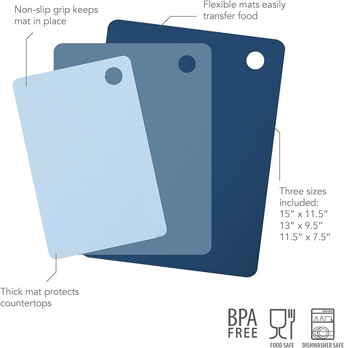 Tovolo Flexible Cutting Board Set of 3 Small Medium Large Nylon Chopping Mats for Meal Prep Cut Slice Dicing Fruits Veggies & Meat, Easy Clean Dishwasher Safe Kitchen Cutting Mats, Assorted Blues